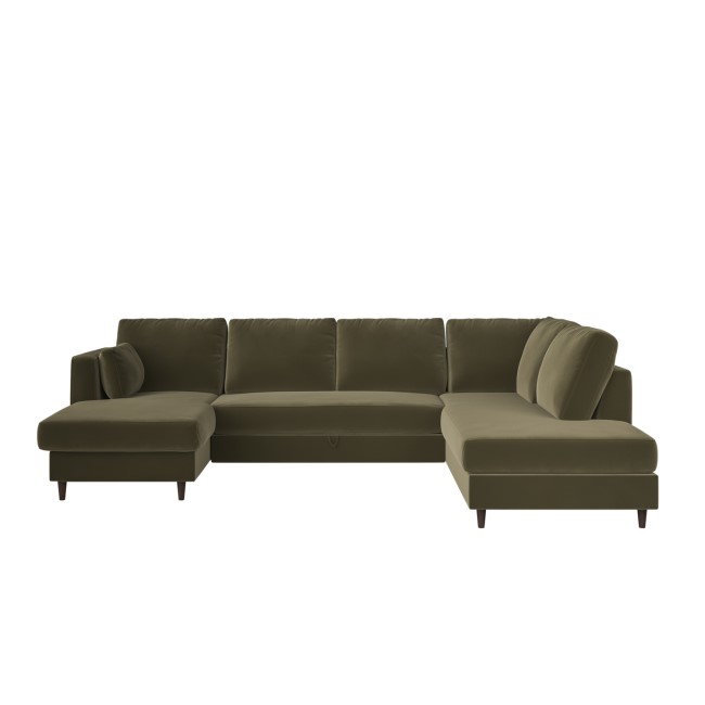 Khaki Green Velvet U-Shaped Right Hand Sofa Bed with Storage - Seats 6 - Boe