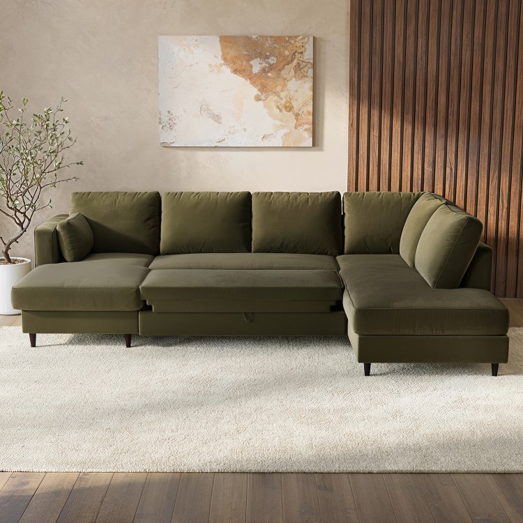 Khaki Green Velvet U-Shaped Right Hand Sofa Bed with Storage - Seats 6 - Boe