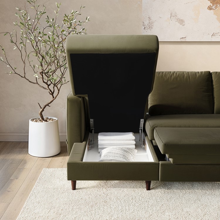 Khaki Green Velvet U-Shaped Right Hand Sofa Bed with Storage - Seats 6 - Boe