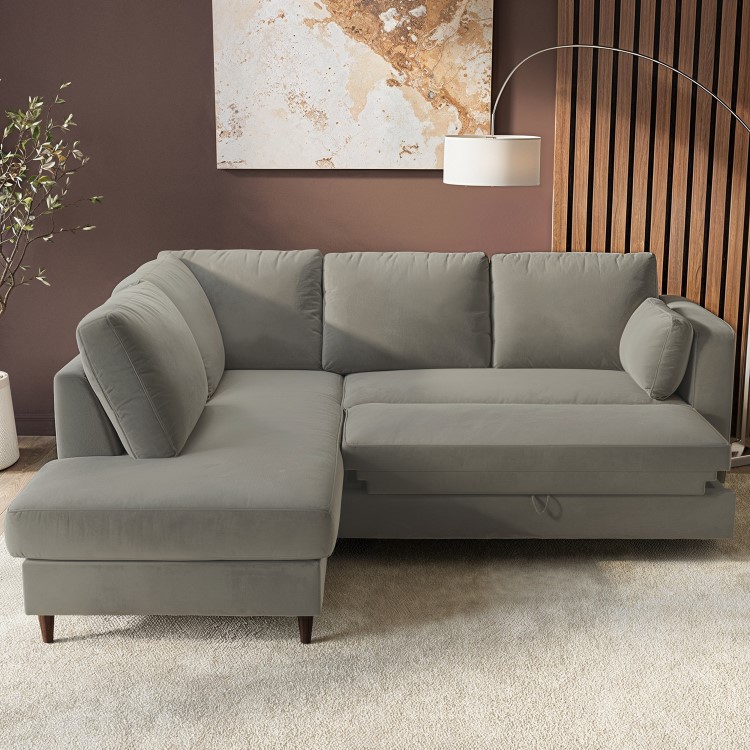 Grey Velvet Left Hand Corner Sofa Bed with Storage - Seats 4 - Boe