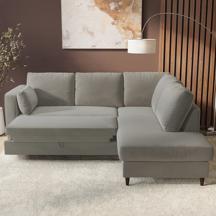 Grey Velvet Right Hand Corner Sofa Bed with Storage - Seats 4 - Boe