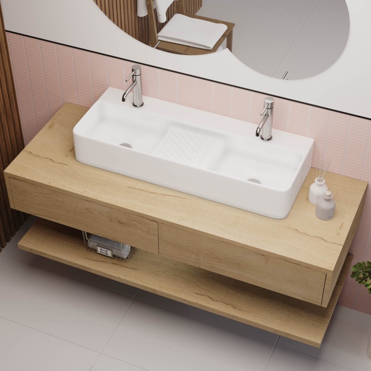 White Square Countertop Double Basin 800mm - Bowen