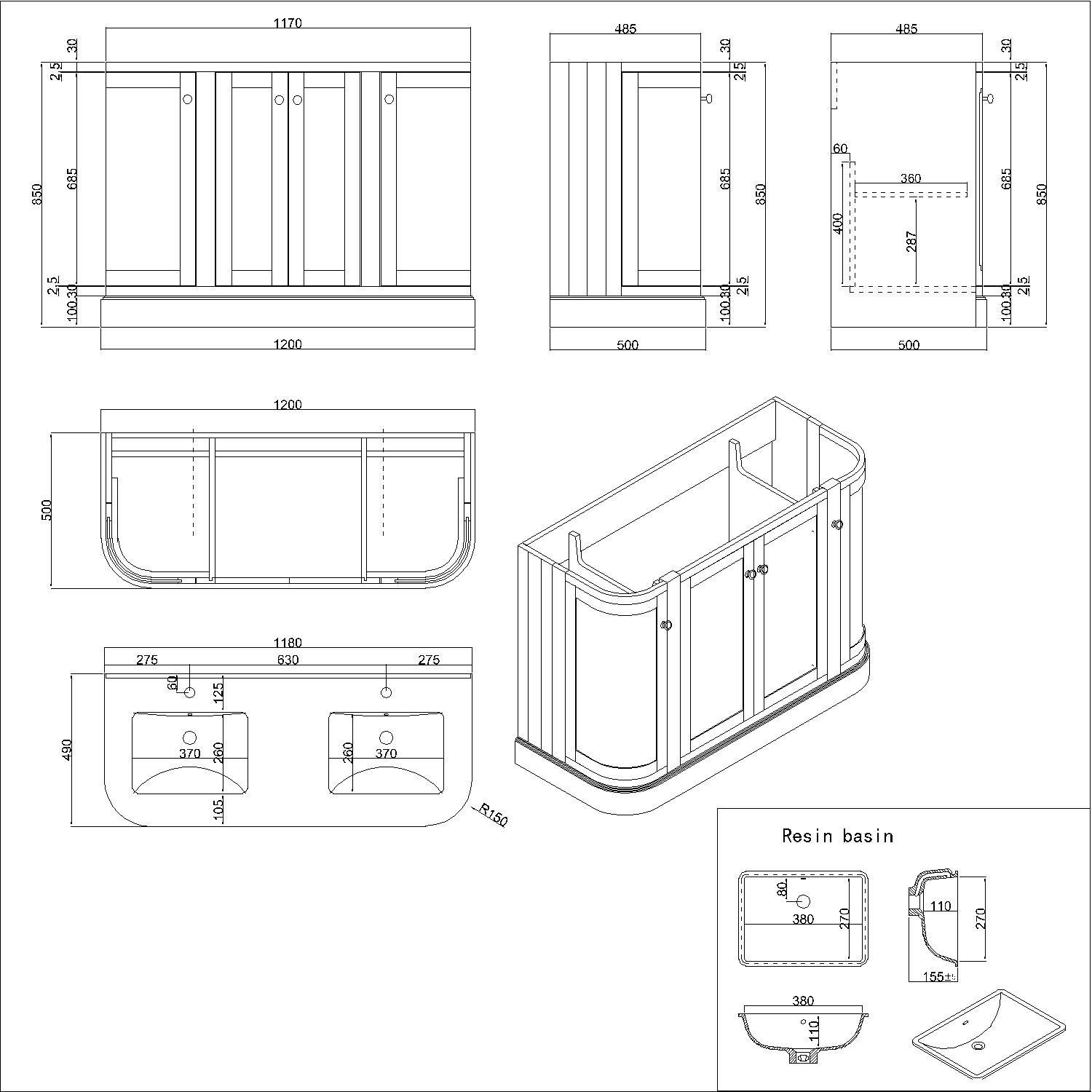 1200mm Black Curved Vanity Unit with Basin Bowland Furniture123