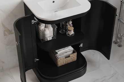 Black Basin Vanity Unit with doors open and storage shelf