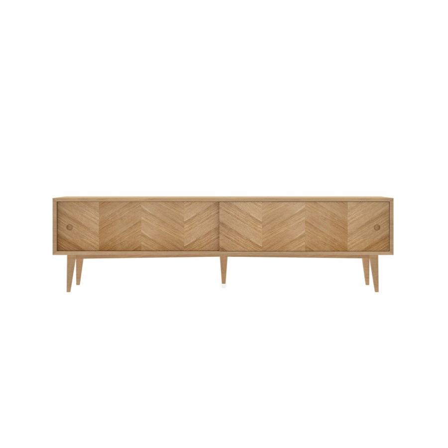 GRADE A1 - Solid Oak Chevron TV Unit with Sliding Doors - TV's up to 70"