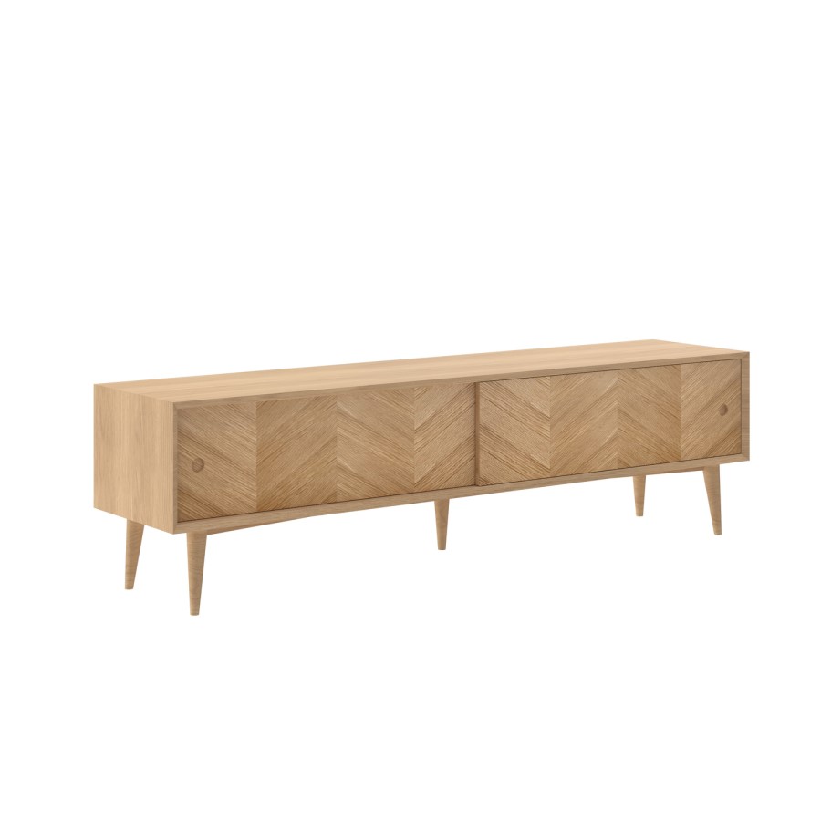 GRADE A1 - Solid Oak Chevron TV Unit with Sliding Doors - TV's up to 70"