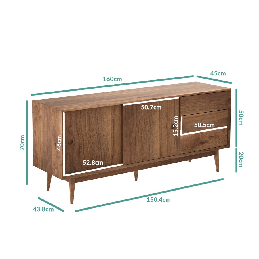 GRADE A2 - Walnut Sideboard with Drawers & Sliding Doors - Briana 