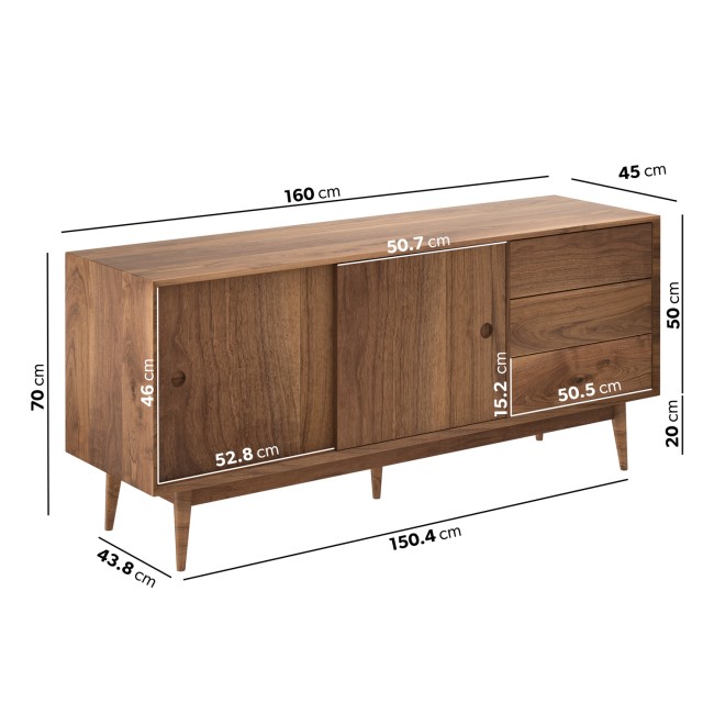 Walnut Sideboard with Drawers & Sliding Doors - Briana 