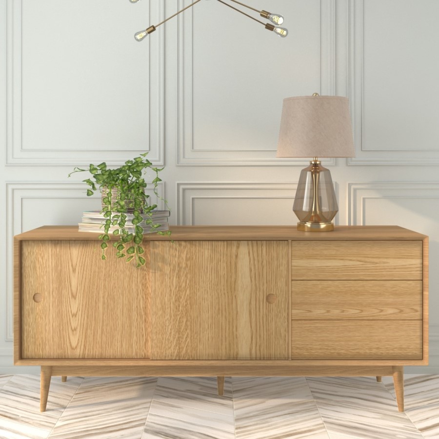 GRADE A2 - Solid Oak Sideboard with Sliding Doors & Drawers - Scandi - Briana