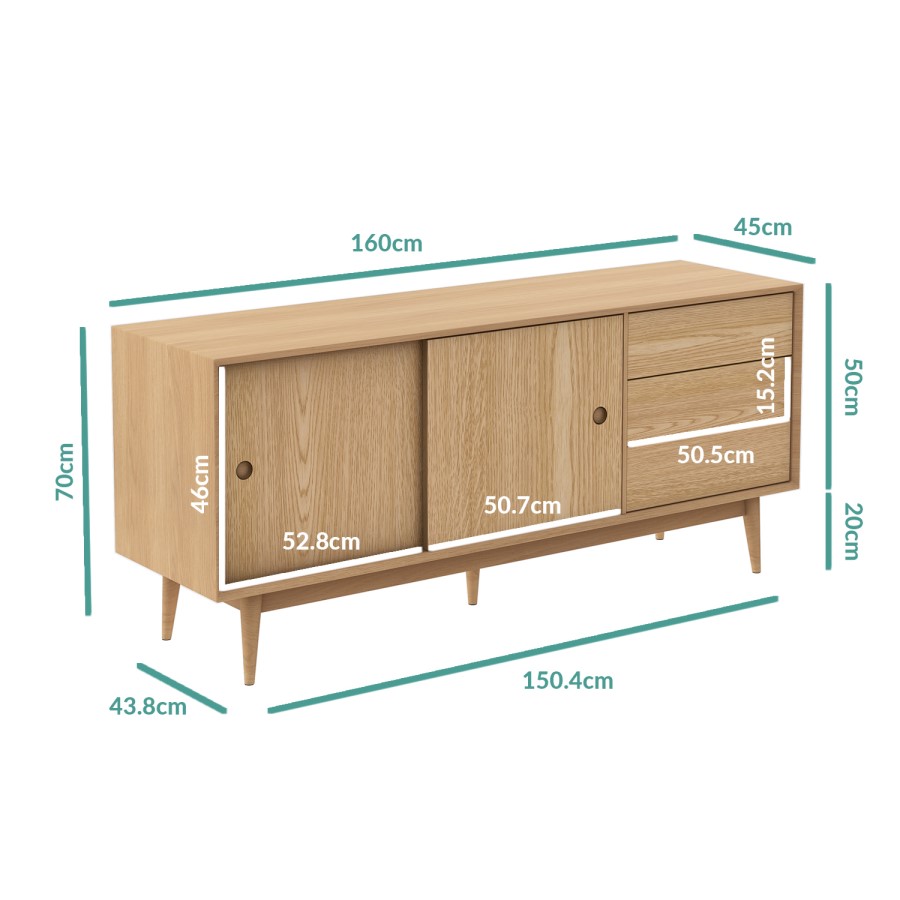 GRADE A2 - Solid Oak Sideboard with Sliding Doors & Drawers - Scandi - Briana