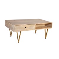 Bengal Light Wood Gold Inlay Rectangular Coffee Table with Drawer
