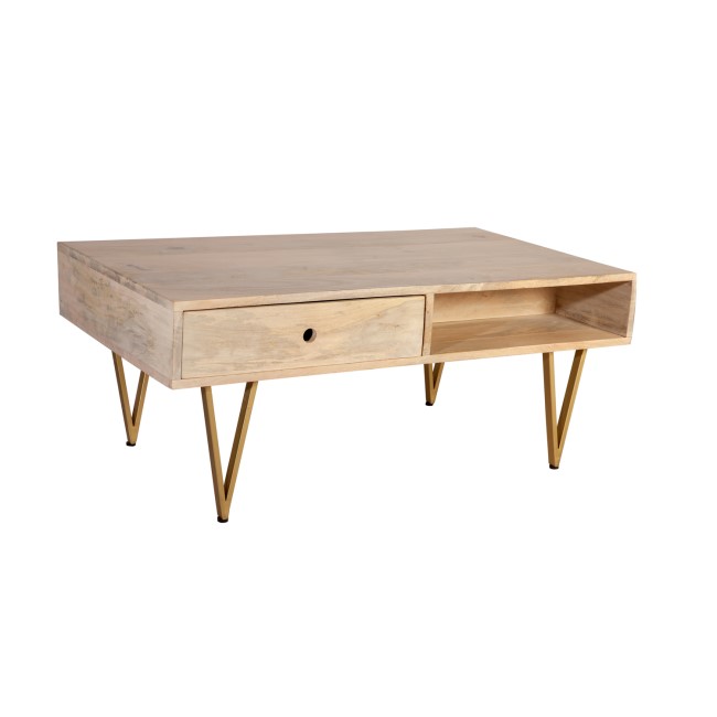 Bengal Light Wood Gold Inlay Rectangular Coffee Table with Drawer