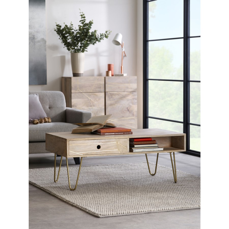 Bengal Light Wood Gold Inlay Rectangular Coffee Table with Drawer