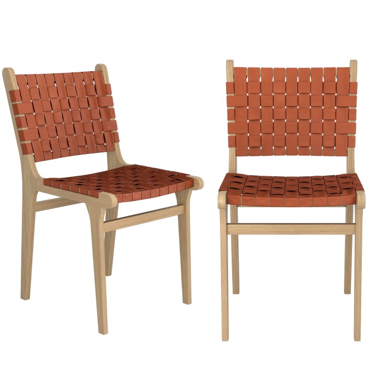 GRADE A1 - Set of 2 Tan Faux Leather Strap Woven Dining Chairs - Bree