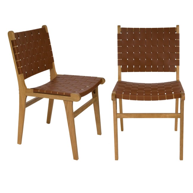 Set of 2 Solid Oak Tan Faux Leather Woven Dining Chairs - Bree ...