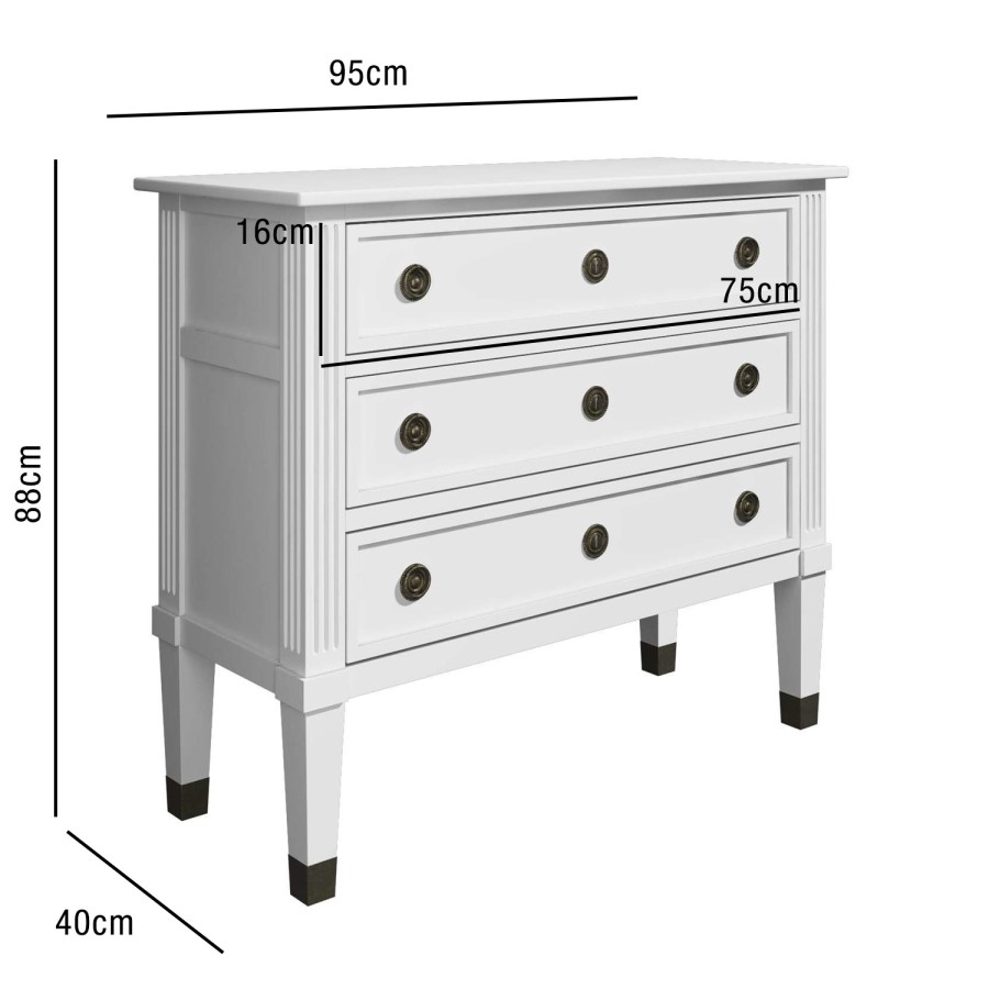 French Inspired 3 Drawer White Chest of Drawers in Solid Wood