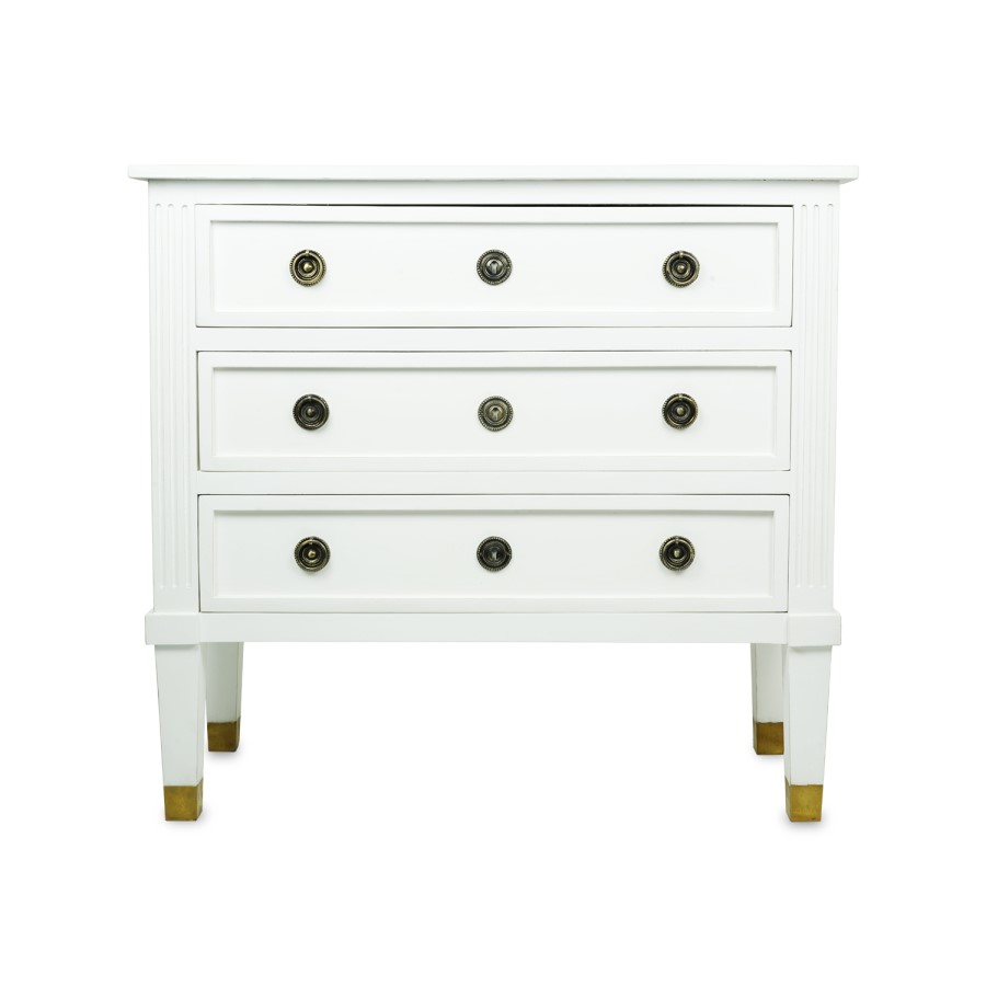 French Inspired 3 Drawer White Chest of Drawers in Solid Wood