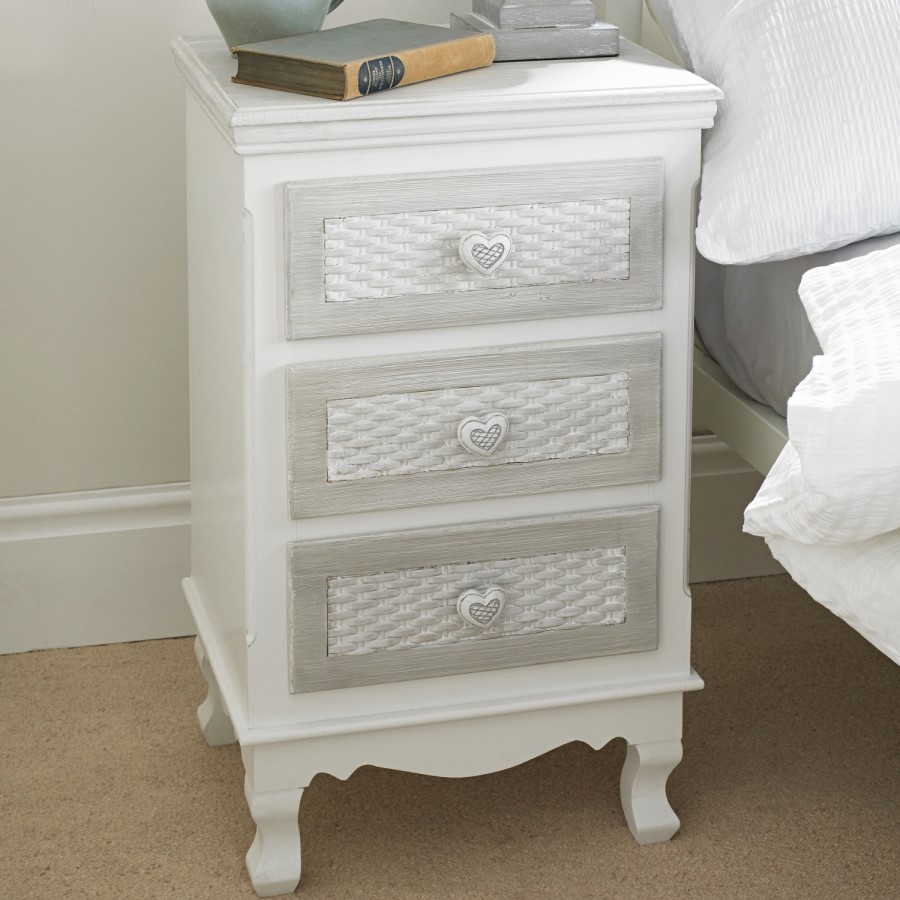 White Painted Bedside Table with 3 Drawers - Brittany - LPD