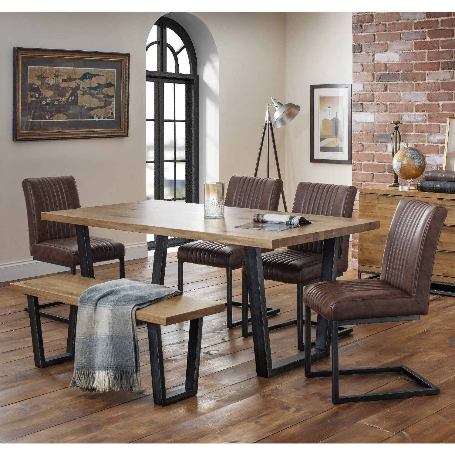 Julian Bowen Industrial Oak Bench Dining Set With 4 Brown Leather Chairs Brooklyn Furniture123 Julian Bowen Industrial Oak Bench Dining Set With 4 Brown Leather Chairs Brooklyn Furniture123