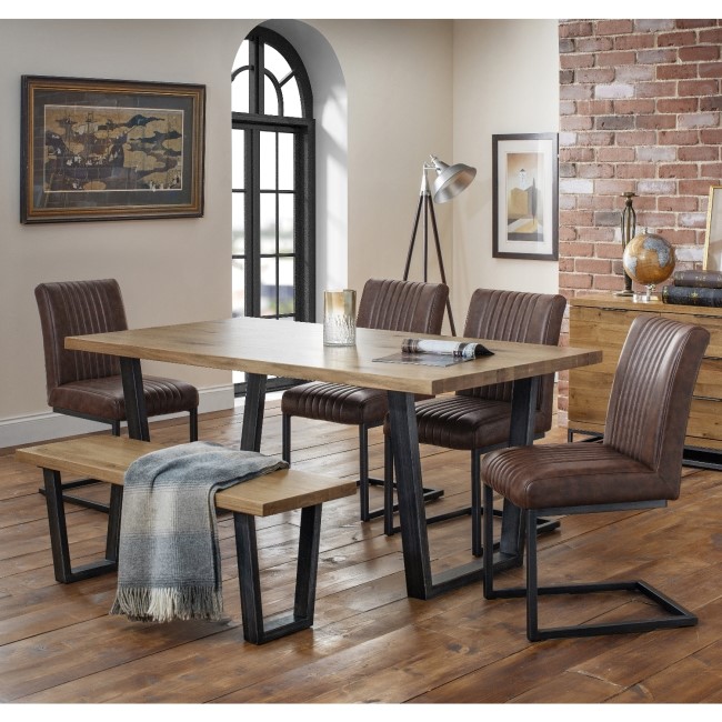 Industrial Oak Bench Dining Set with 4 Brown Leather Chairs - Brooklyn