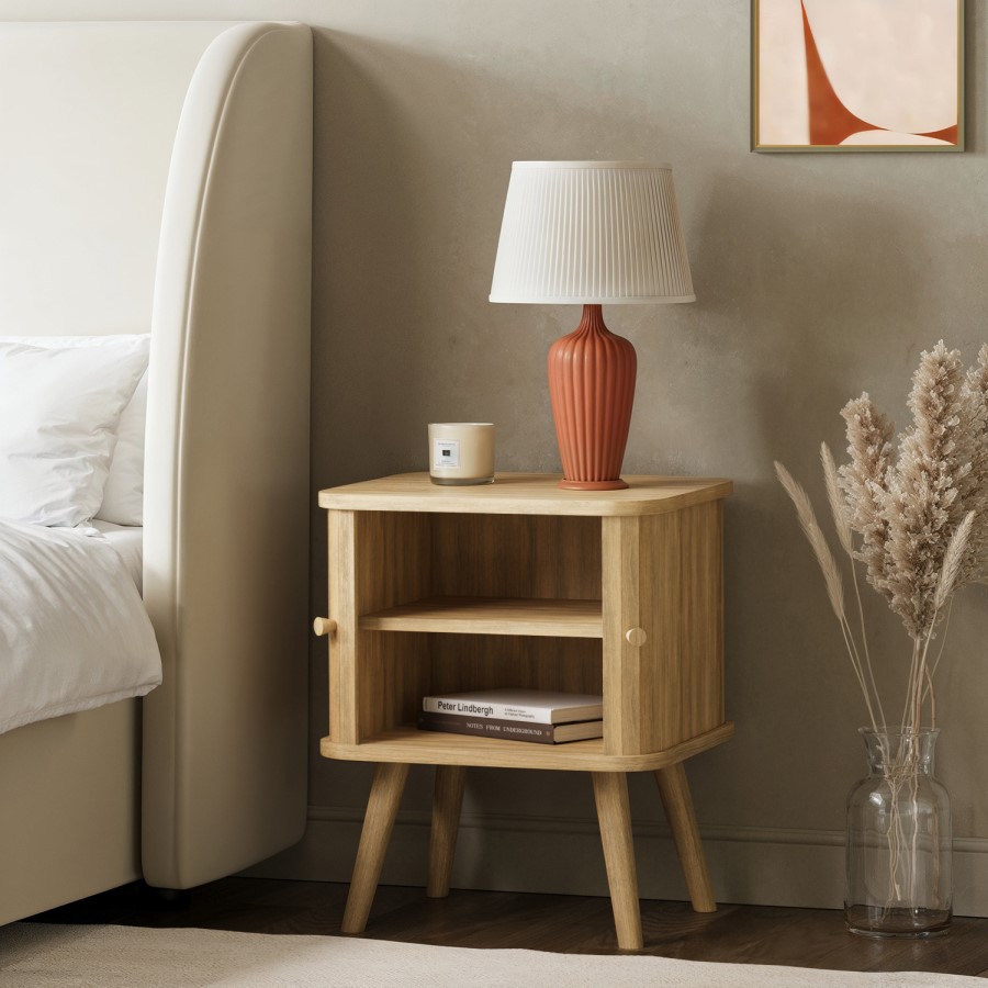 Oak Mid-Century Bedside Table with Tambour Doors - Breuer