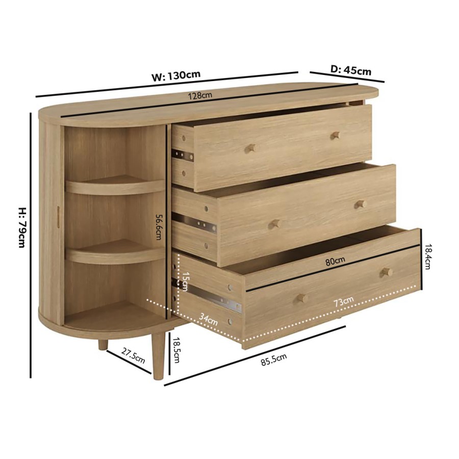 Wide Oak Chest of 3 Drawers with Cupboards - Breuer
