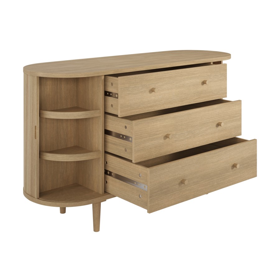 Wide Oak Chest of 3 Drawers with Cupboards - Breuer
