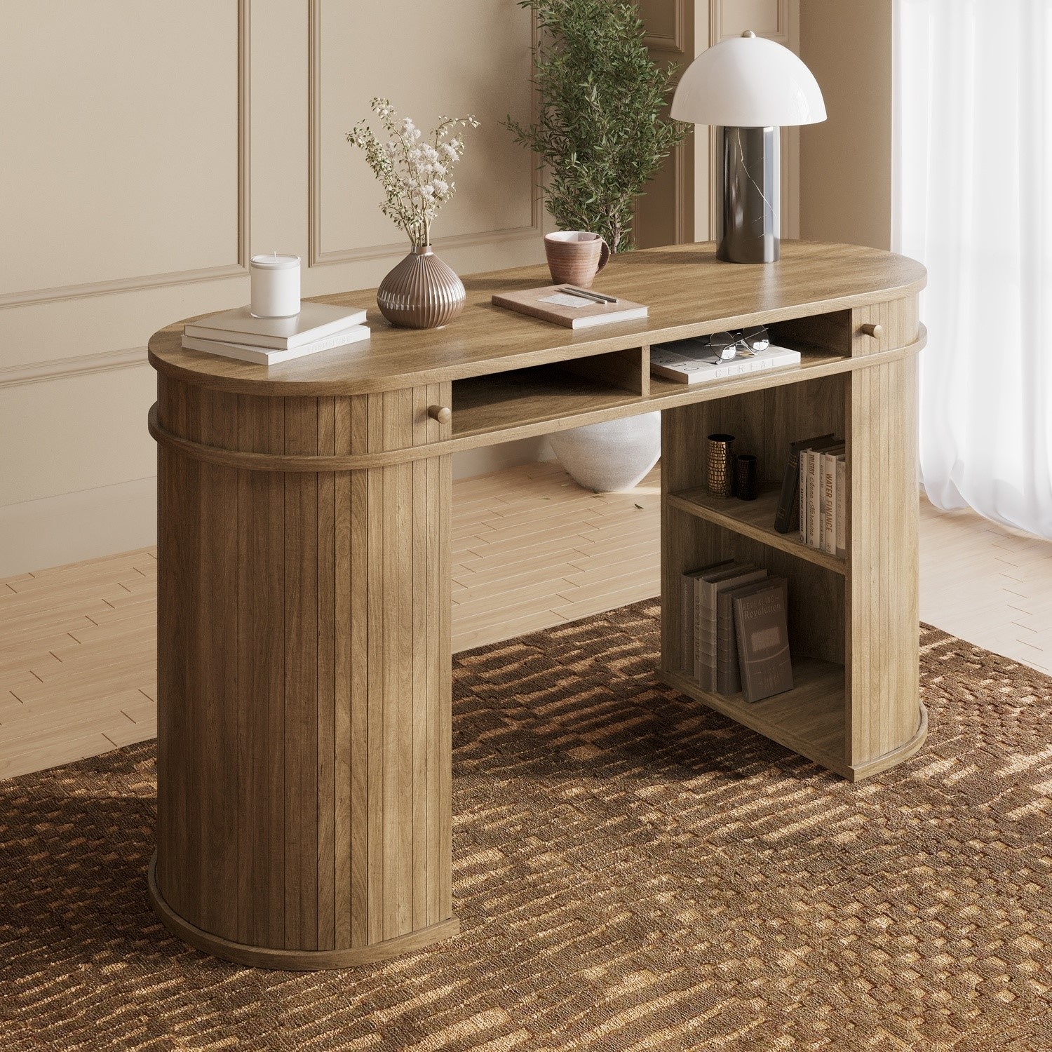 Oak Curved Office Desk Sliding Doors