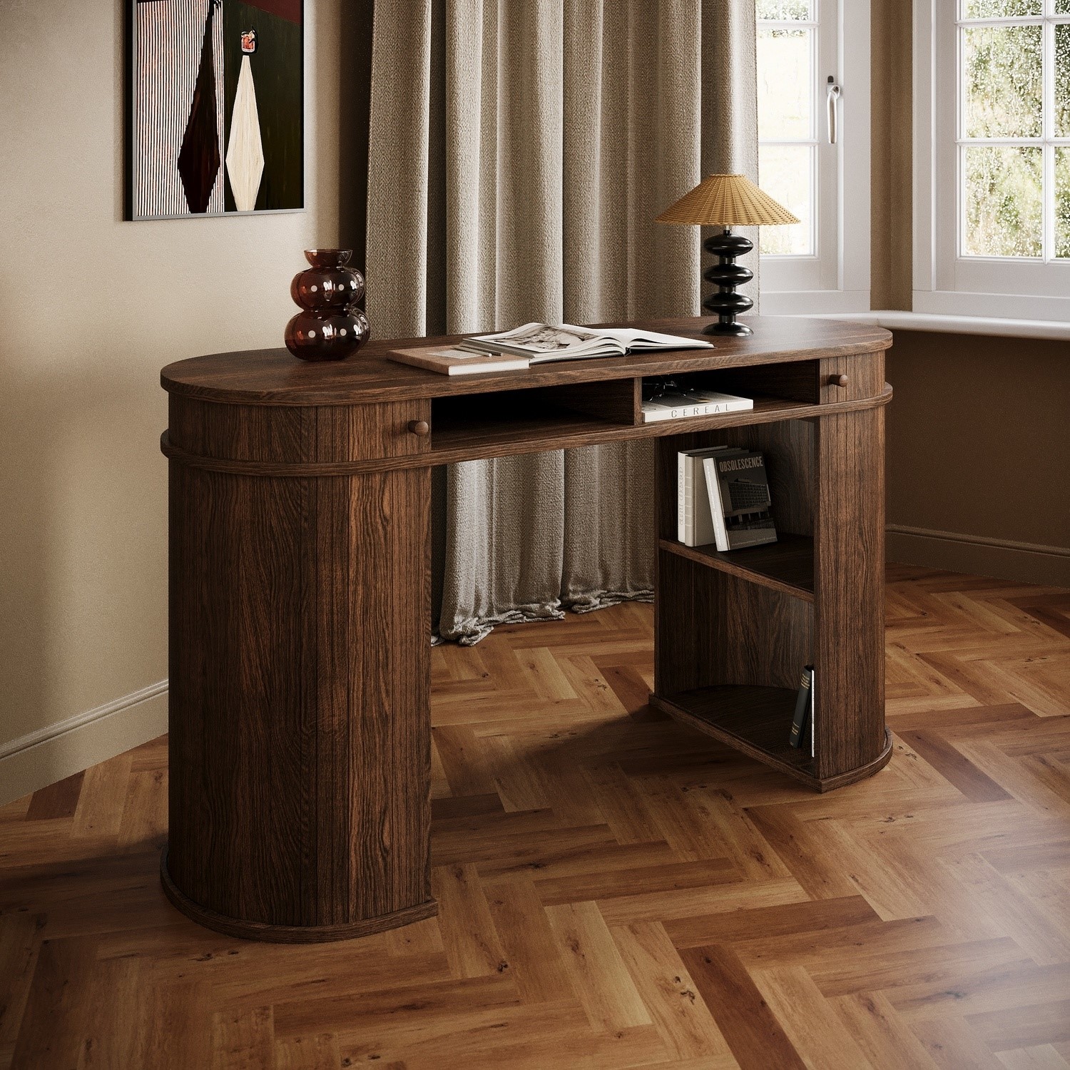 Dark Oak Curved Office Desk Sliding Doors
