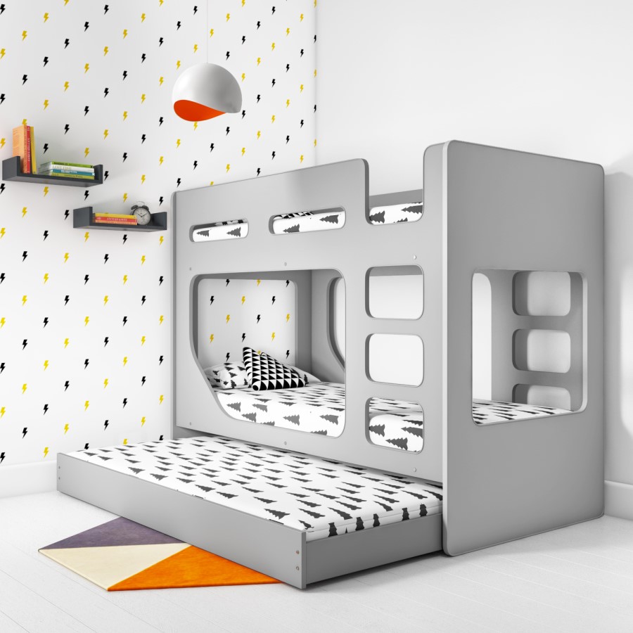 GRADE A1 - Braxton Kids Bunk Bed with Pull Out Trundle in Grey