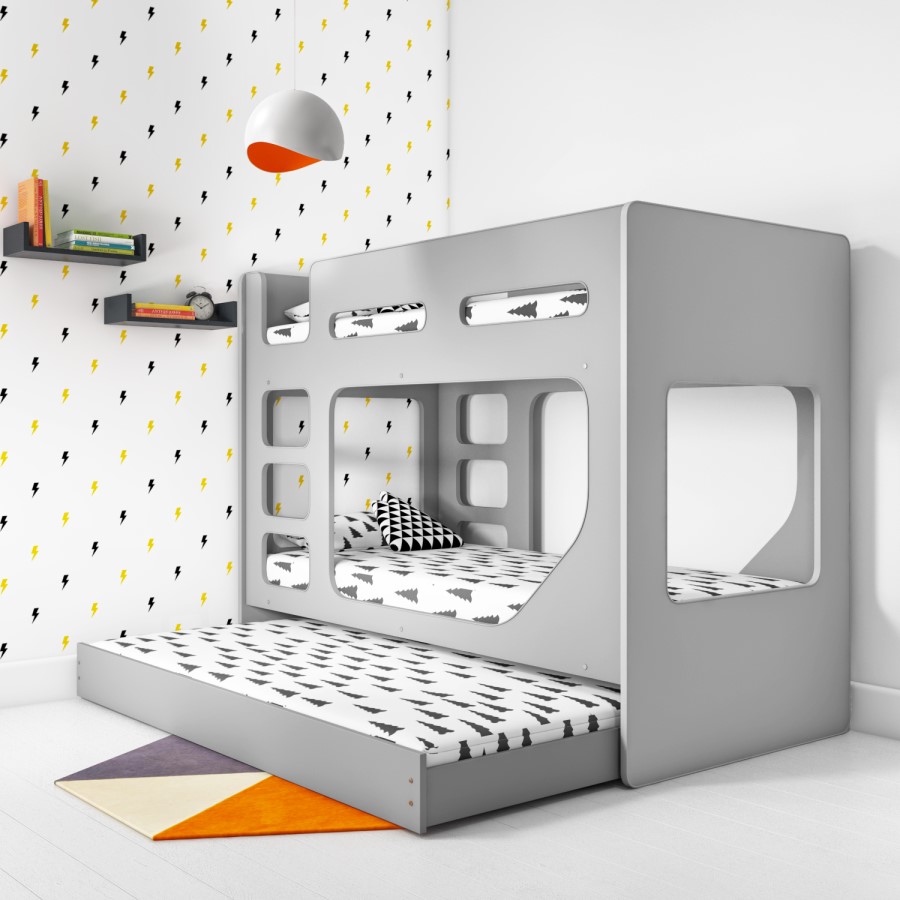 GRADE A1 - Braxton Kids Bunk Bed with Pull Out Trundle in Grey