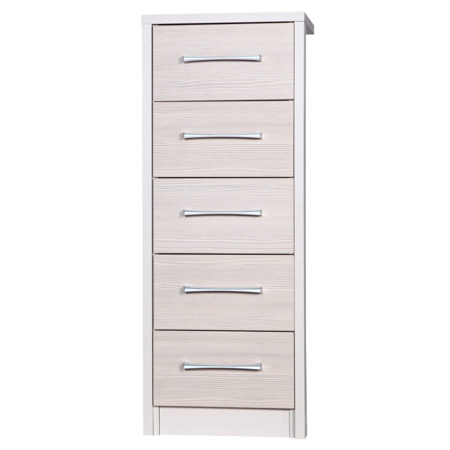 One Call Furniture Avola Premium 5 Drawer Tall Boy in Cream with Champagne