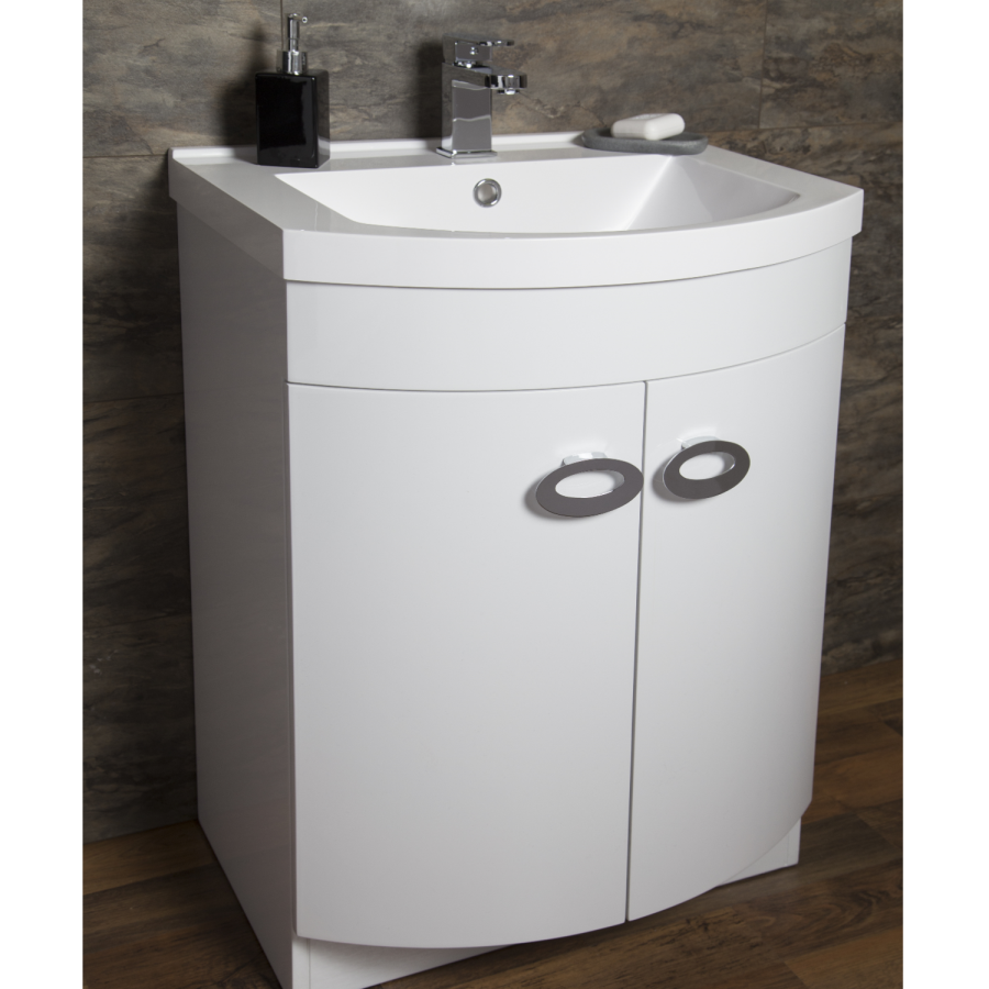 Curved White Bathroom Vanity Unit & Basin - W600mm