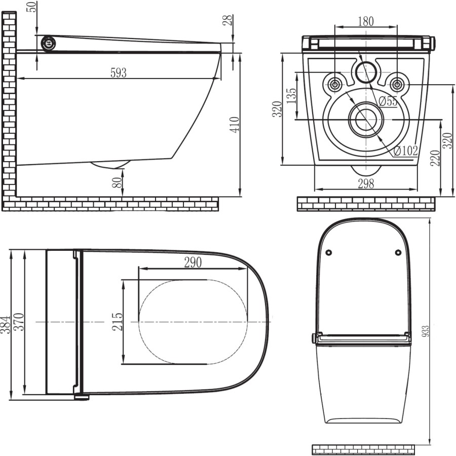 Grade A1 - Wall Hung Smart Bidet Round Toilet with 1160mm Frame Cistern and White Sensor Flush Plate - Purificare