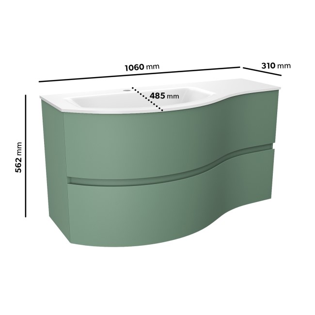 1000mm Green Wall Hung Left Hand Curved Vanity Unit with Basin  - Tulum