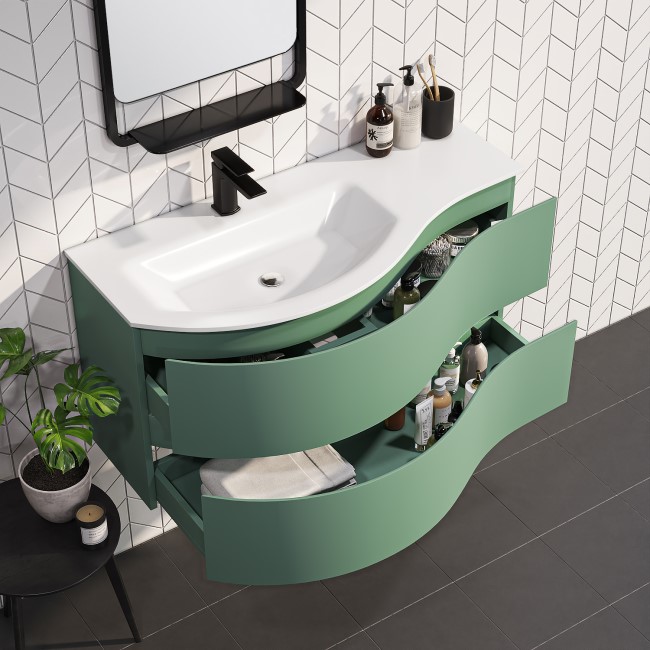 1000mm Green Wall Hung Left Hand Curved Vanity Unit with Basin  - Tulum