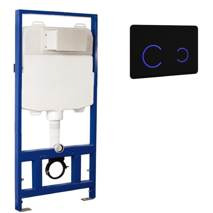 Concealed Cistern 1170mm Wall Hung Toilet Frame with Black Glass Dual Sensor Flush Plate - Elira