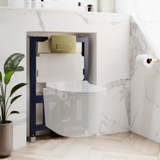 Concealed Cistern 820mm Wall Hung Toilet Frame with Pneumatic Flush Plate in Brushed Brass - Elira