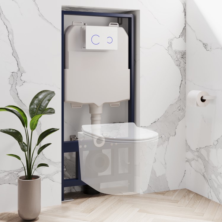 Concealed Cistern 1170mm Wall Hung Toilet Frame with White Glass Dual Sensor Flush Plate  - Elira