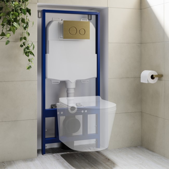 Grade A1 - Concealed Cistern with 1170mm Wall Hung Toilet Frame and Brushed Brass Mechanical Flush Plate - Zana