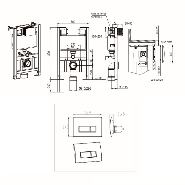 Wall Hung Smart Bidet Japanese Toilet & 820mm Frame Cistern and Chrome Pneumatic Flush Plate - Purificare