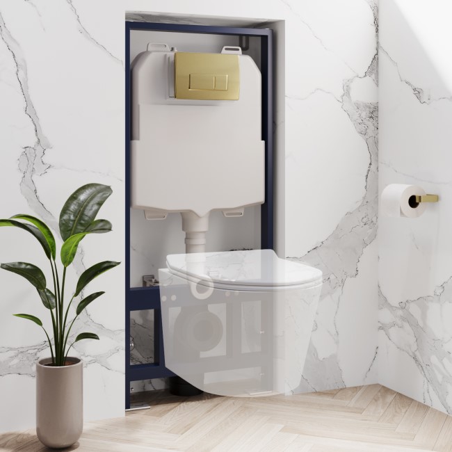 Concealed Cistern 1170mm Pneumatic Frame with Brushed Brass Flush Plate - Elira