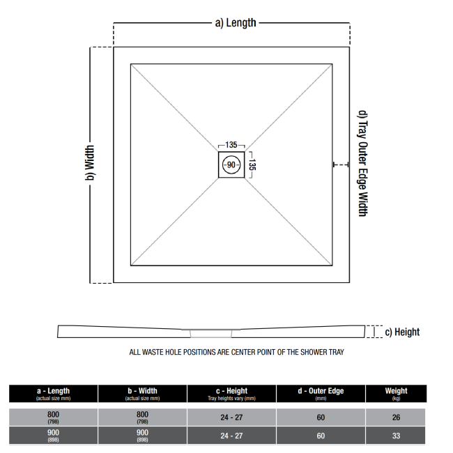 Low Profile 800mm White Stone Resin Square Shower Tray with Waste - Harmony