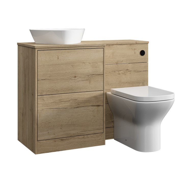 1100mm Wood Effect Left Hand Toilet and Sink Unit with Triangular Basin and Matt Black Push Button - Palma