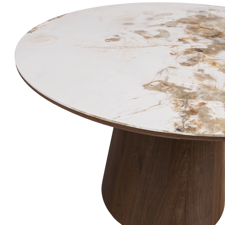 Neutral Ceramic Round Walnut Dining Table with 4 Carver Piped Taupe Dining Chairs - Malia