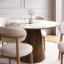 Neutral Ceramic Round Walnut Dining Table Set with 4 Beige Upholstered Curved Dining Chairs - Malia