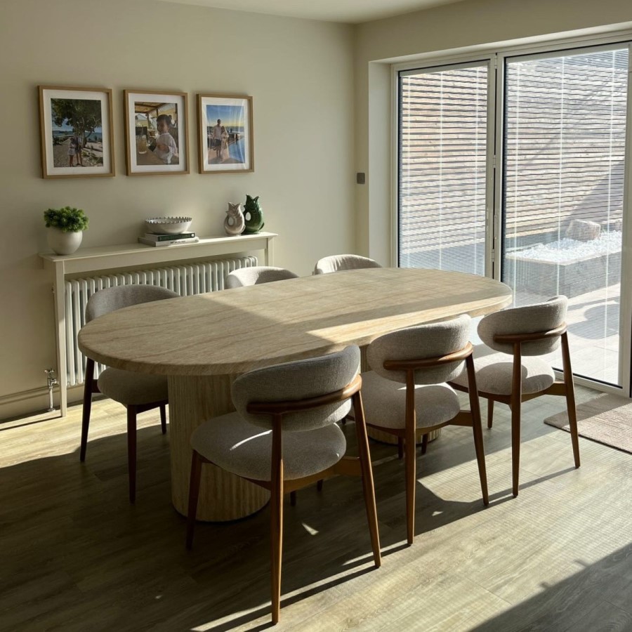 Beige Upholstered Curved Dining Chair with Solid Rustic Oak Open Back - Kori