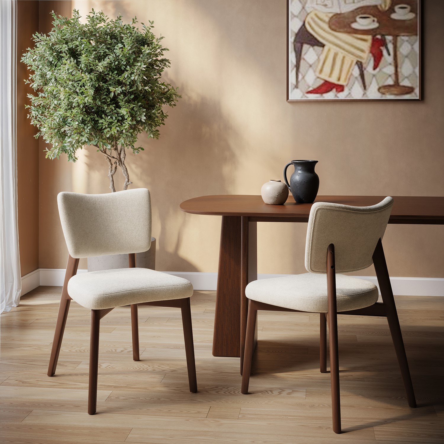 Set 2 Upholstered Dining Chairs Walnut Legs