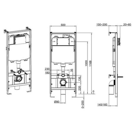 Concealed Cistern with 1170mm Wall Hung Toilet Frame and Chrome Mechanical Flush Plate - Zana