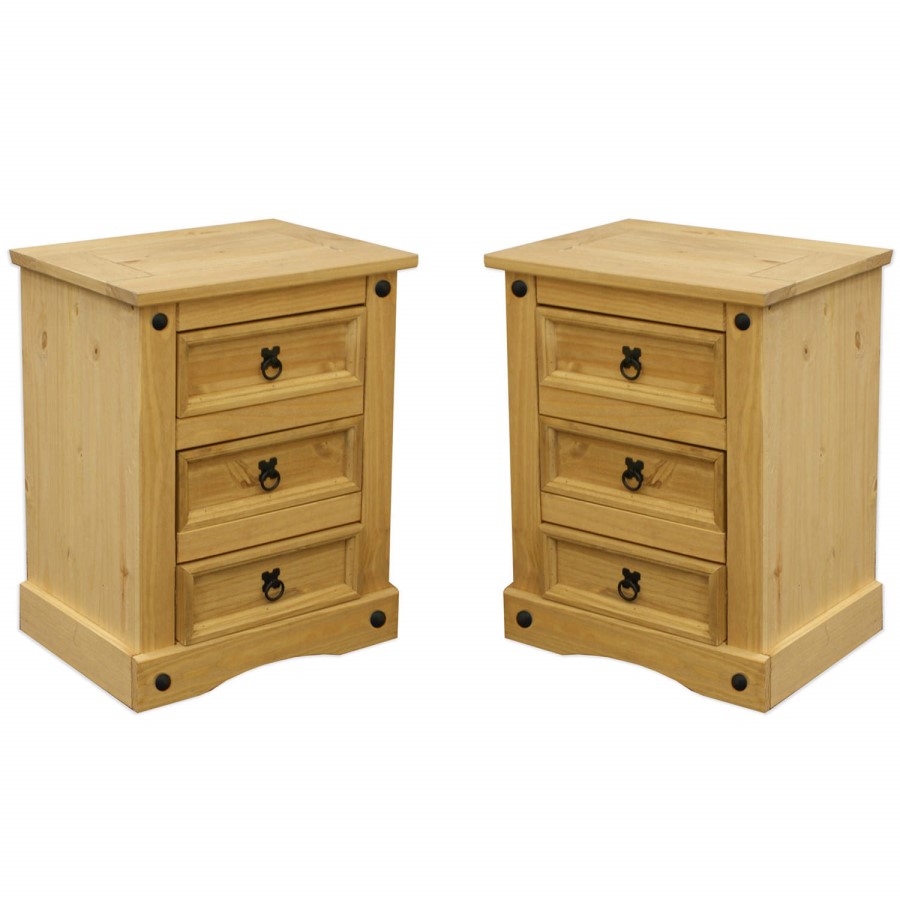 Set of 2 Corona Mexican 3 Drawer Bedside Tables In Solid Pine 